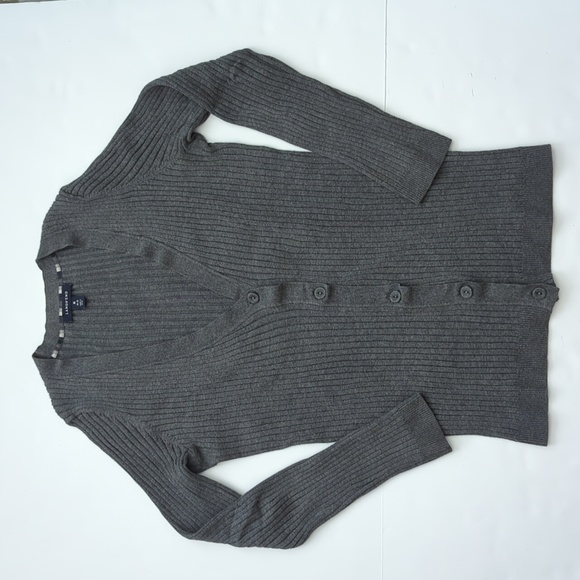 Lands' End V Neck Ribbed Cotton Cardigan Gray size Medium - Picture 4 of 11